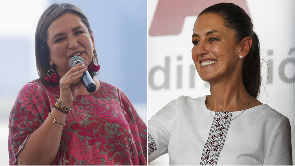 Las candidatas Xochitl Galvez por el Frente Amplio de México (rosa) y Claudia Sheinbaum del partido oficialista Morena (blusa blanca).
