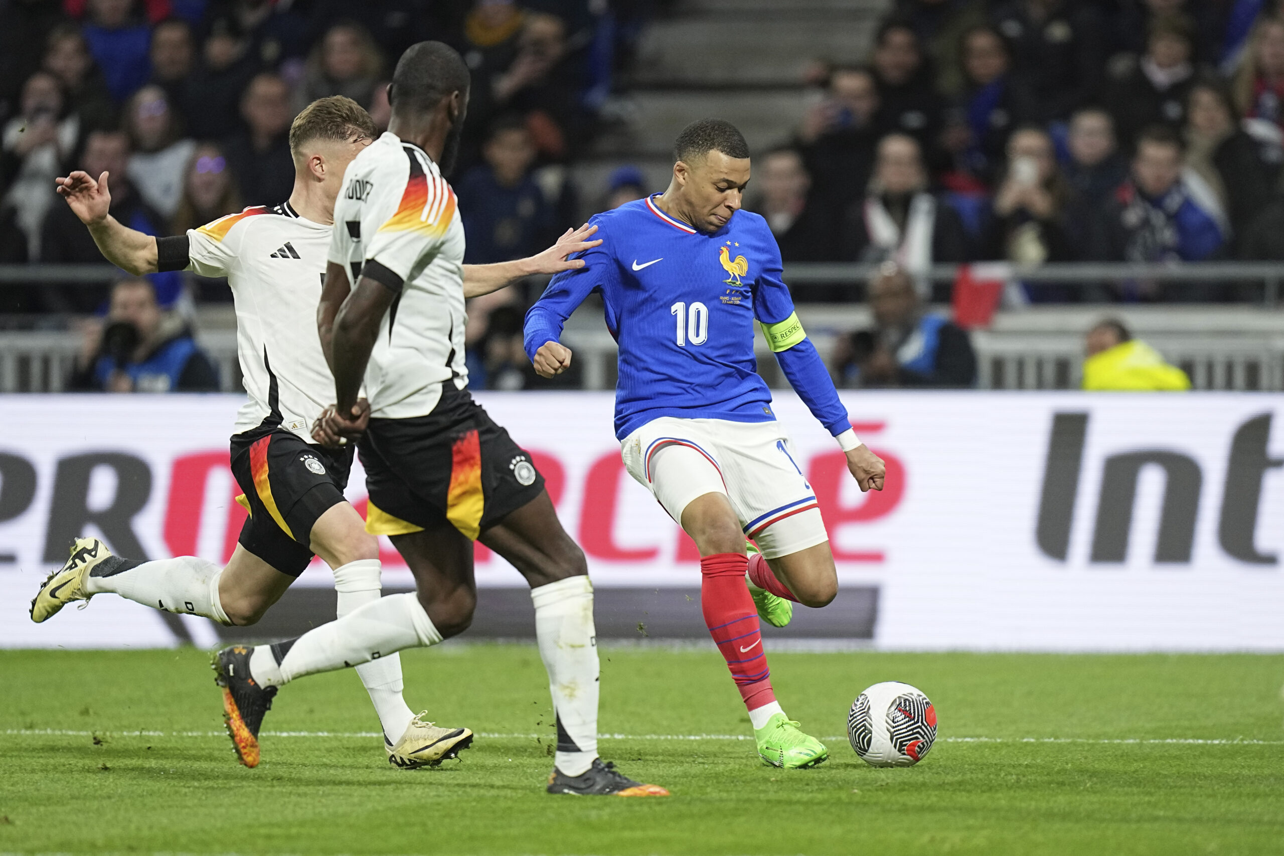 France’s Kylian Mbappe makes an attempt to score (Laurent Cipriani/AP)